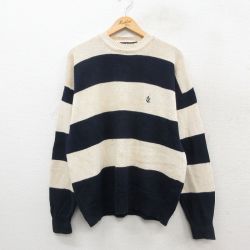 L★古着 ノーティカ NAUTICA 長袖 ブランド セーター メンズ 90年代 90s ワンポイントロゴ クルーネック 生成り他 ボーダー 25oct17 中古 ニット トップス