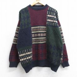 XL★古着 長袖 セーター メンズ 90年代 90s モックネック ハイネック 濃緑他 グリーン 【spe】 25oct20 中古 ニット トップス
