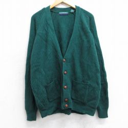 XL★古着 長袖 ニット カーディガン メンズ 00年代 00s 無地 ラグラン アクリル 緑 グリーン 25oct20 中古 トップス