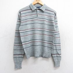 S★古着 バンヒューセン 長袖 セーター メンズ 90年代 90s 襟付き アクリル グレー他 ボーダー 25oct20 中古 ニット トップス