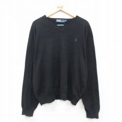XL★古着 ラルフローレン Ralph Lauren 長袖 ブランド セーター メンズ 90年代 90s ワンポイントロゴ 大きいサイズ コットン Vネック 黒 ブラック 25oct22 中古 ニット トップス
