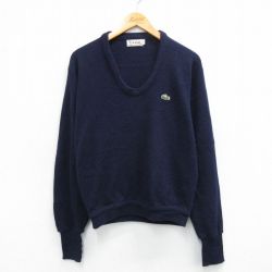 【20%OFF】M★古着 ラコステ LACOSTE IZOD 長袖 ブランド セーター メンズ 80年代 80s ワンポイントロゴ アクリル Vネック 紺 ネイビー 25oct22 中古 ニット トップス