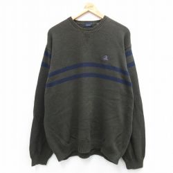 XL★古着 IZOD 長袖 セーター メンズ ワンポイントロゴ コットン クルーネック 濃緑他 グリーン 25oct22 中古 ニット トップス