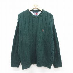 XL★古着 トミーヒルフィガー TOMMY HILFIGER 長袖 ブランド ケーブル セーター メンズ 90年代 90s ワンポイントロゴ コットン クルーネック 緑 グリーン 【spe】 25oct23 中古 ニット トップス