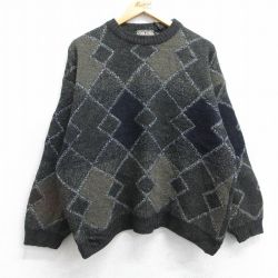 L★古着 長袖 セーター メンズ 90年代 90s 総柄 クルーネック イタリア製 黒他 ブラック 25oct24 中古 ニット トップス