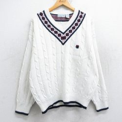 L★古着 IZOD 長袖 ケーブル チルデン セーター メンズ 90年代 90s ワンポイントロゴ コットン Vネック 白 ホワイト 25oct24 中古 ニット トップス