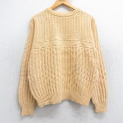 M★古着 長袖 セーター メンズ 90年代 90s コットン クルーネック USA製 黄系 イエロー 25oct24 中古 ニット トップス