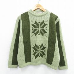 M★古着 長袖 セーター メンズ 80年代 80s 雪柄 アクリル クルーネック 薄緑 グリーン 25oct24 中古 ニット トップス