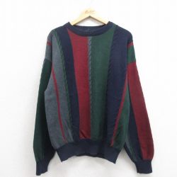 L★古着 長袖 ケーブル セーター メンズ クルーネック 緑他 グリーン 25oct25 中古 ニット トップス