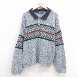 L★古着 長袖 セーター メンズ 90年代 90s 襟付き コットン USA製 紺他 ネイビー 25oct28 中古 ニット トップス