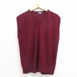 L★古着 ピルグリム ニット ベスト メンズ 80年代 80s 無地 アクリル Vネック USA製 エンジ 25oct28 中古 トップス