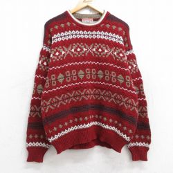 M★古着 長袖 セーター メンズ 90年代 90s 総柄 コットン クルーネック エンジ系他 25oct28 中古 ニット トップス