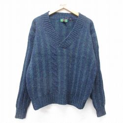 L★古着 長袖 セーター メンズ シェットランドウール Vネック 紺他 ネイビー 25oct28 中古 ニット トップス