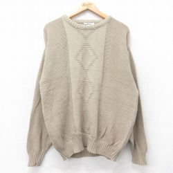 L★古着 長袖 セーター メンズ 90年代 90s コットン クルーネック USA製 ベージュ カーキ 25oct28 中古 ニット トップス