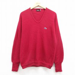 M★古着 IZOD 長袖 セーター メンズ 80年代 80s ワンポイントロゴ アクリル Vネック エンジ 25oct29 中古 ニット トップス