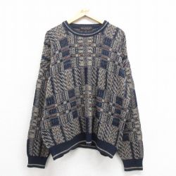 XL★古着 長袖 セーター メンズ 90年代 90s クルーネック イタリア製 紺他 ネイビー 25nov01 中古 ニット トップス