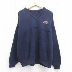 XL★古着 長袖 セーター メンズ 90年代 90s ブルーライト 大きいサイズ コットン クルーネック USA製 紺 ネイビー 25nov01 中古 ニット トップス