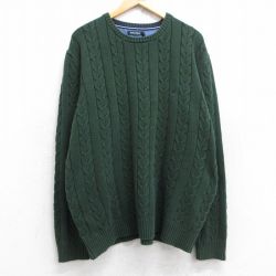 XL★古着 ノーティカ NAUTICA 長袖 ブランド ケーブル セーター メンズ ワンポイントロゴ 大きいサイズ コットン クルーネック 緑 グリーン 25nov01 中古 ニット トップス
