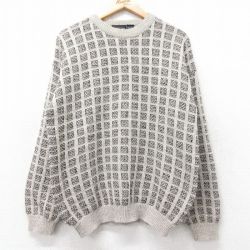 L★古着 長袖 セーター メンズ 90年代 90s クルーネック イタリア製 ベージュ他 カーキ チェック 25nov05 中古 ニット トップス