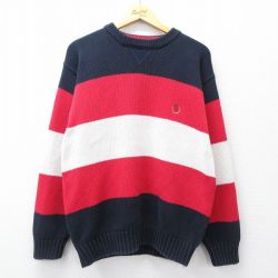 L★古着 トミーヒルフィガー 長袖 ブランド セーター メンズ 90年代 90s ワンポイントロゴ コットン クルーネック 赤他 ボーダー【spe】 25nov11