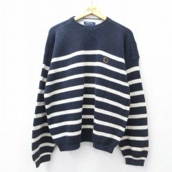 XL★古着 トミーヒルフィガー 長袖 ブランド セーター メンズ 90年代 90s ワンポイントロゴ コットン クルーネック 濃紺他 ボーダー【spe】 25nov11