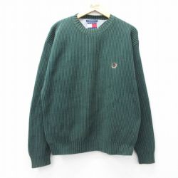 XL★古着 トミーヒルフィガー 長袖 ブランド セーター メンズ 90年代 90s ワンポイントロゴ コットン クルーネック 緑 25nov11