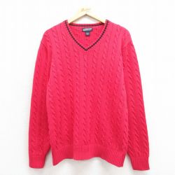 M★古着 ランズエンド 長袖 ケーブル セーター メンズ 00年代 00s コットン Vネック 赤 25nov12