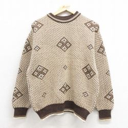 M★古着 長袖 セーター メンズ 90年代 90s コットン クルーネック USA製 ベージュ 25nov12