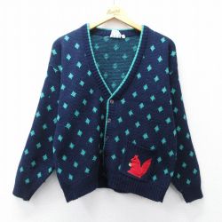 M★古着 長袖 ニット カーディガン メンズ リス アクリル 紺他 25nov13