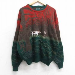 XL★古着 キャンパス 長袖 セーター メンズ 90年代 90s 犬 刺繍 アクリル クルーネック 緑他【spe】 25nov13