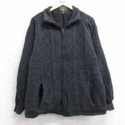 M★古着 長袖 フルジップ ケーブル ニット カーディガン メンズ 00年代 00s 襟フリース ウール 濃グレー【spe】 25nov14