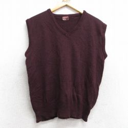 S★古着 ニット ベスト メンズ 80年代 80s 無地 アクリル Vネック 茶 25nov14