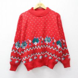 XL★古着 長袖 セーター メンズ 90年代 90s 雪柄 大きいサイズ アクリル モックネック ハイネック USA製 赤 25nov14