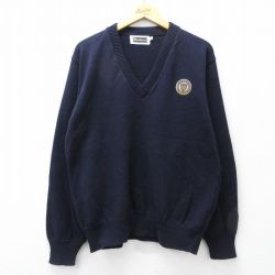 L★古着 長袖 セーター メンズ 90年代 90s デトロイト スクール Vネック USA製 濃紺 25nov14