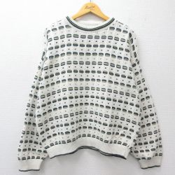 XL★古着 長袖 セーター メンズ 90年代 90s 総柄 手織り コットン クルーネック USA製 白他【spe】 25nov14