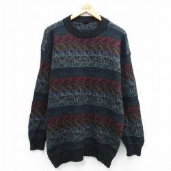 M★古着 長袖 セーター メンズ 90年代 90s ウール クルーネック 黒他 25nov15