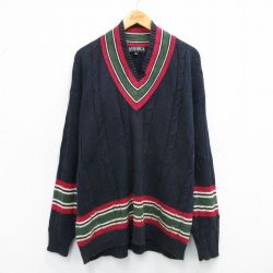 XL★古着 ペリーエリス 長袖 ケーブル チルデン セーター メンズ 00年代 00s 大きいサイズ Vネック 濃紺他 25nov15