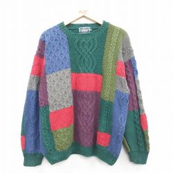 L★古着 ウールリッチ 長袖 ケーブル セーター メンズ 00年代 00s 手編み ハンドニット クルーネック 緑他【spe】 25nov15