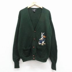 L★古着 長袖 ニット カーディガン メンズ 90年代 90s ルーニーテューンズ バッグスバニー 刺繍 ウール 緑 25nov18