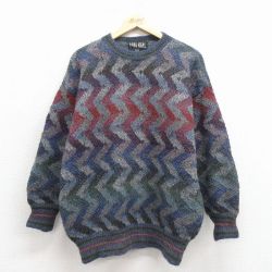 L★古着 長袖 セーター メンズ 00年代 00s 手編み アルパカ クルーネック 紺他 25nov18
