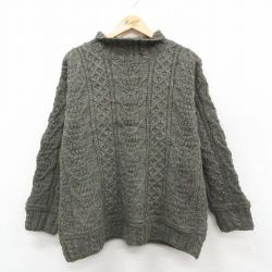 L★古着 長袖 アラン フィッシャーマン ケーブル セーター メンズ 90年代 90s ウール モックネック ハイネック アイルランド製 濃緑 25nov18