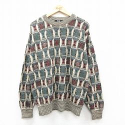 XL★古着 長袖 セーター メンズ 90年代 90s クルーネック USA製 ベージュ他 25nov18
