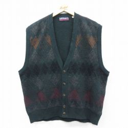 L★古着 ニット ベスト メンズ 80年代 80s アーガイル イタリア製 濃緑他 25nov19