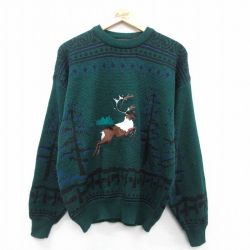 L★古着 長袖 セーター メンズ 90年代 90s シカ 刺繍 アクリル クルーネック 濃緑他 25nov19