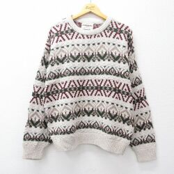 XL★古着 リバティ 長袖 セーター メンズ 90年代 90s フェアアイル コットン クルーネック USA製 ベージュ系他【spe】 25nov21