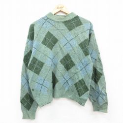 L★古着 タウンクラフト 長袖 ビンテージ セーター メンズ 60年代 60s アーガイル ウール クルーネック 薄緑系他【spe】 25nov25