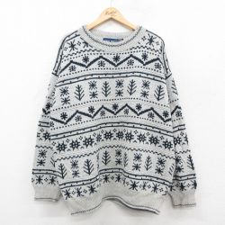 XL★古着 長袖 セーター メンズ 90年代 90s 総柄 大きいサイズ コットン クルーネック グレー他 25nov28