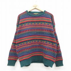 XL★古着 長袖 セーター メンズ 90年代 90s フェアアイル コットン クルーネック USA製 緑他 25nov28