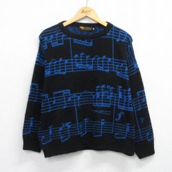 XL★古着 長袖 セーター メンズ 90年代 90s 音符 クルーネック  USA製 黒他 25nov26