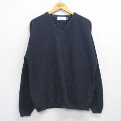 L★古着 長袖 セーター メンズ 90年代 90s 手織り Vネック USA製 紺 25nov26